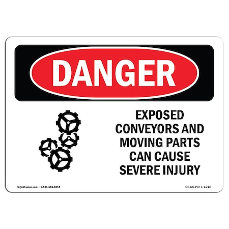 Signmission OSHA Sign, Exposed Conveyors & Moving Parts, 5in X 3.5in Decal, 10PK, 3.5" W, 5" L, Landscape, PK10 OS-DS-D-35-L-1216-10PK